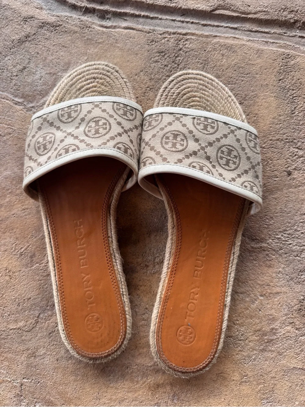 Tory Burch T Monogram Jacquard Espadrille Slide Sandals Beige Size 9M